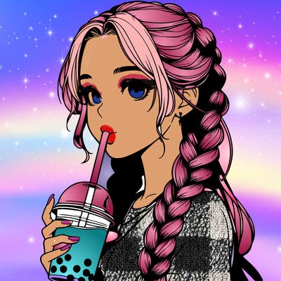 realistic girl with braided hair drinking boba