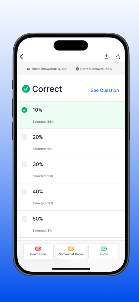 Manhattan Prep | GRE Practice - Screenshot of the Manhattan Prep GRE app displaying a correct answer for a practice question with performance statistics and knowledge tracking buttons