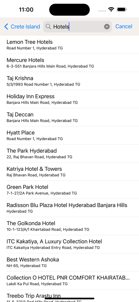 A list of hotels with addresses shown within the State and NP in Australia travel app search interface.
