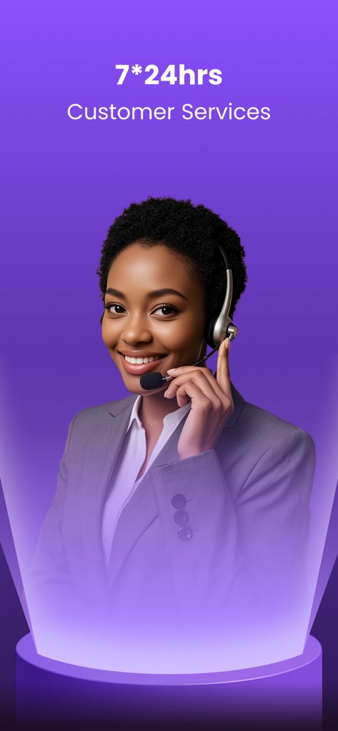 PalmPay - Transfers, Bills - Un representante de servicio al cliente sonriente con auriculares que representa el soporte 24/7 de PalmPay