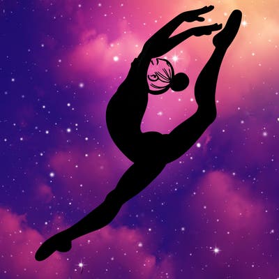 gymnast doing a leap in a leotard with a bent back leg