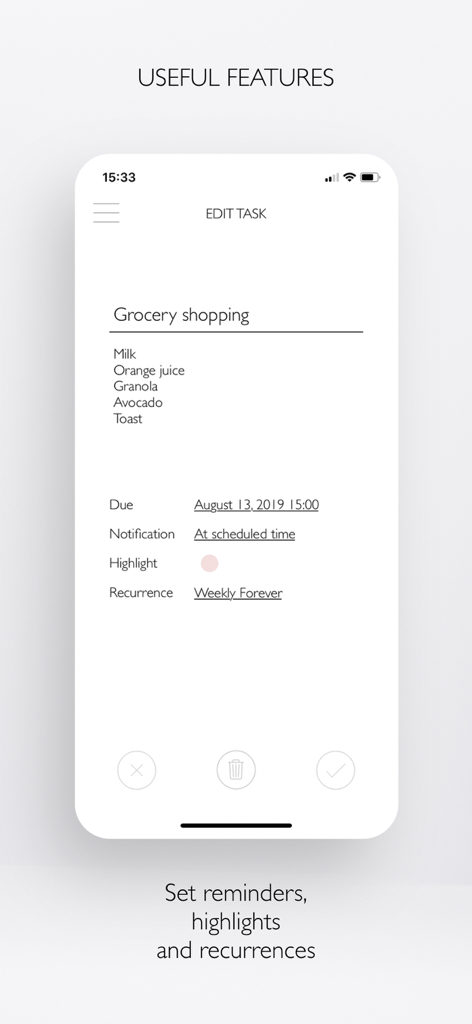 Minimalist task editor in PLANBELLA showing a grocery list and scheduled reminders