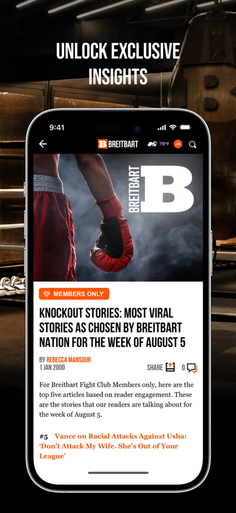 Breitbart - iPhone screen displaying exclusive members only viral news stories on the Breitbart app