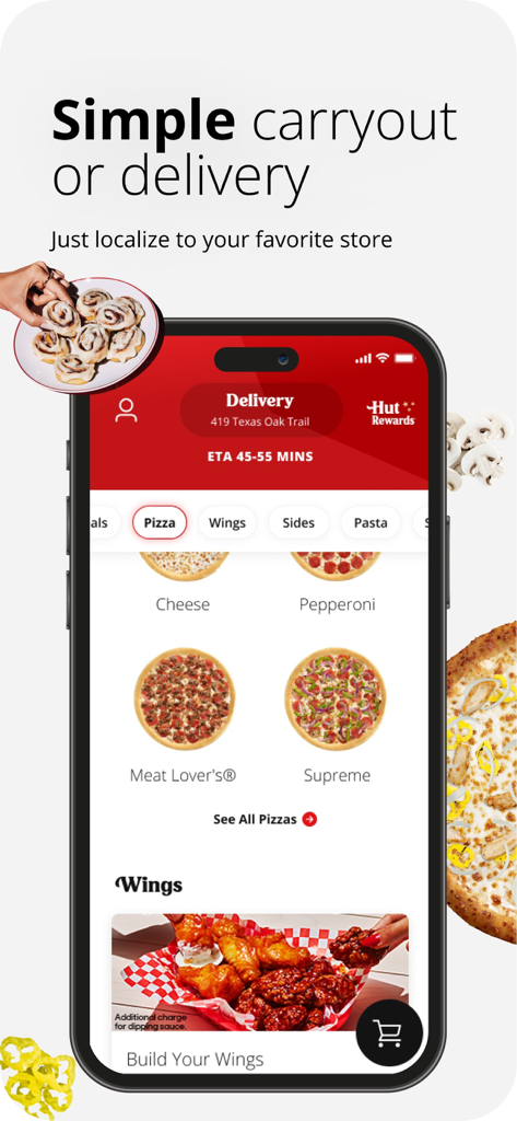 Tela do aplicativo móvel Pizza Hut mostrando opções de menu de pizza e asas com tempo de entrega