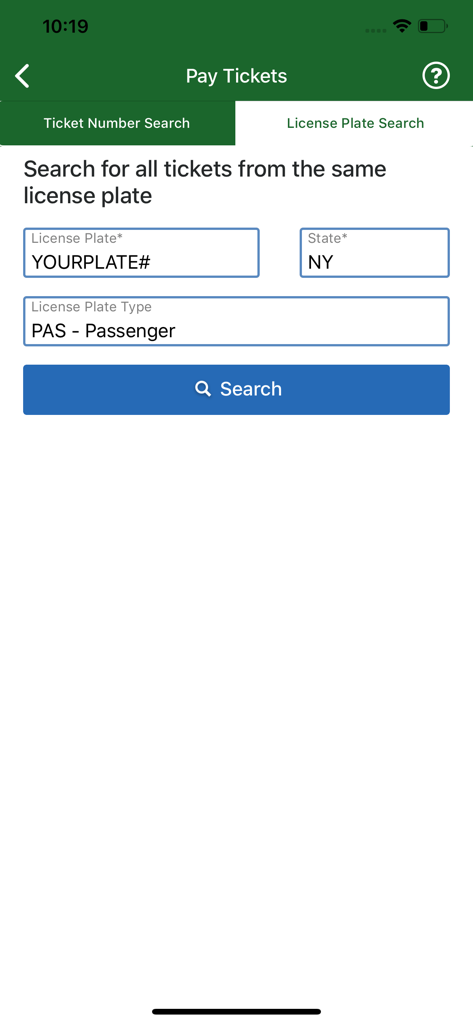 NYC Pay or Dispute - License plate search screen in the NYC Pay or Dispute mobile application