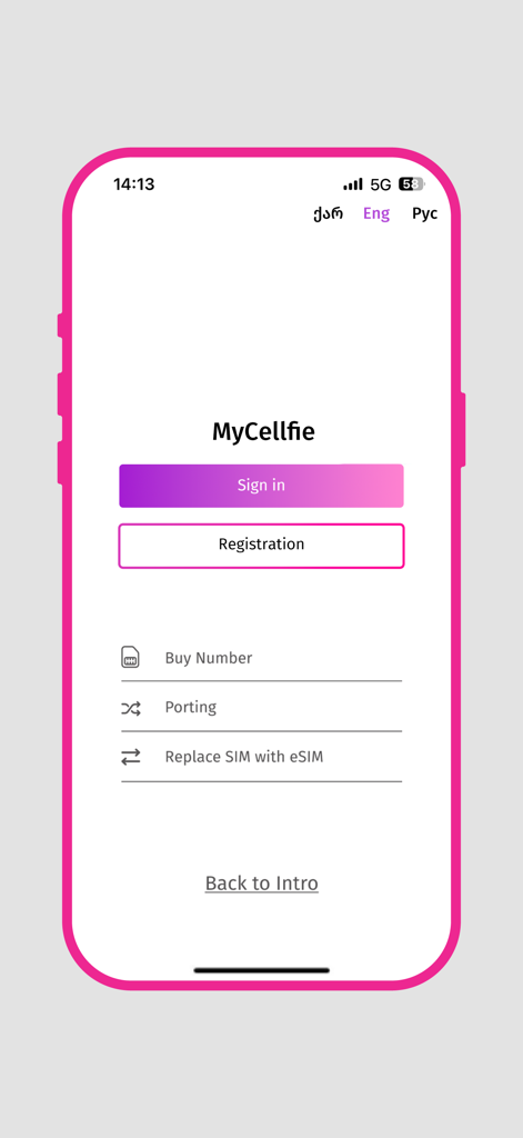 Tela de login do aplicativo MyCellfie com opções de login, registro e substituição de eSIM