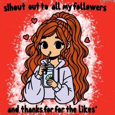 cute girl wearing a oversized hoodie drinking lemonade, long wavy high ponytail looking at a sign that says 'shout out to all my followers and thanks for the likes'