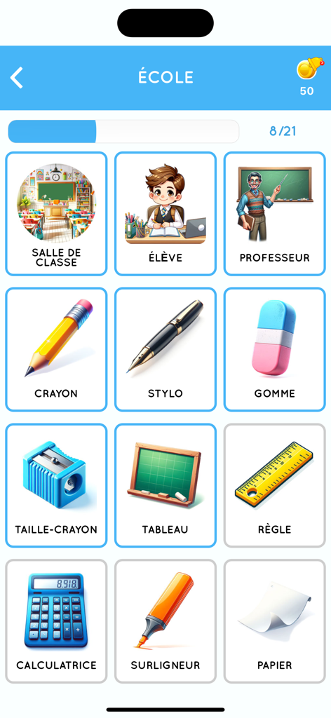 A screen from the French learning app showing school-related vocabulary with colorful illustrations and labels.