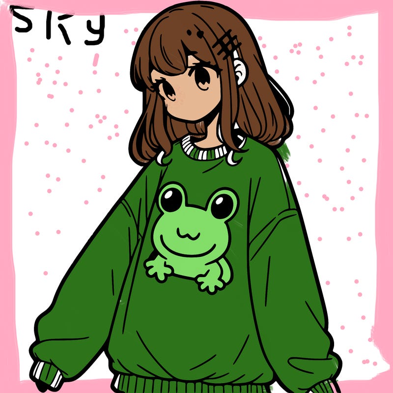 girl wearing frogging sweatshirt
