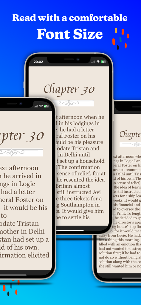 csBooks - ePub and PDF reader - Mobile app screen showing adjustable font sizes for reading ePub and PDF books in csBooks