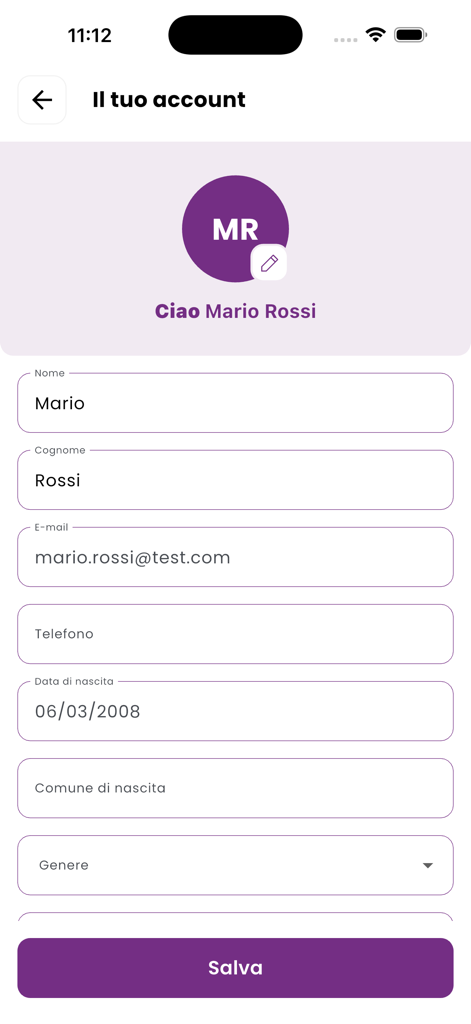 Corabea - User account settings screen in the Corabea app displaying personal profile information like name and email.