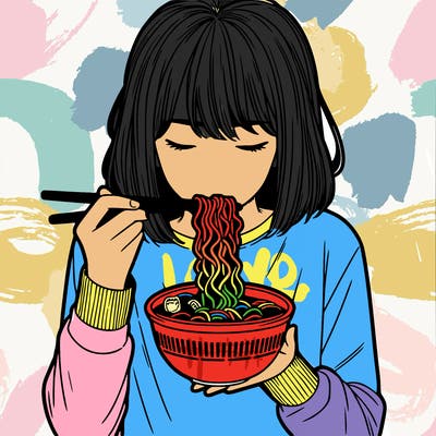 a girl realistic eating ramen noodles