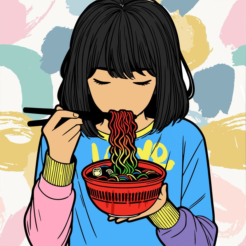 a girl realistic eating ramen noodles