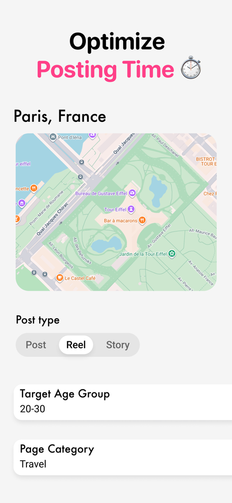 Interface do aplicativo Hashtag AI mostrando o recurso otimizar horário de postagem para um reel de viagem em Paris, França