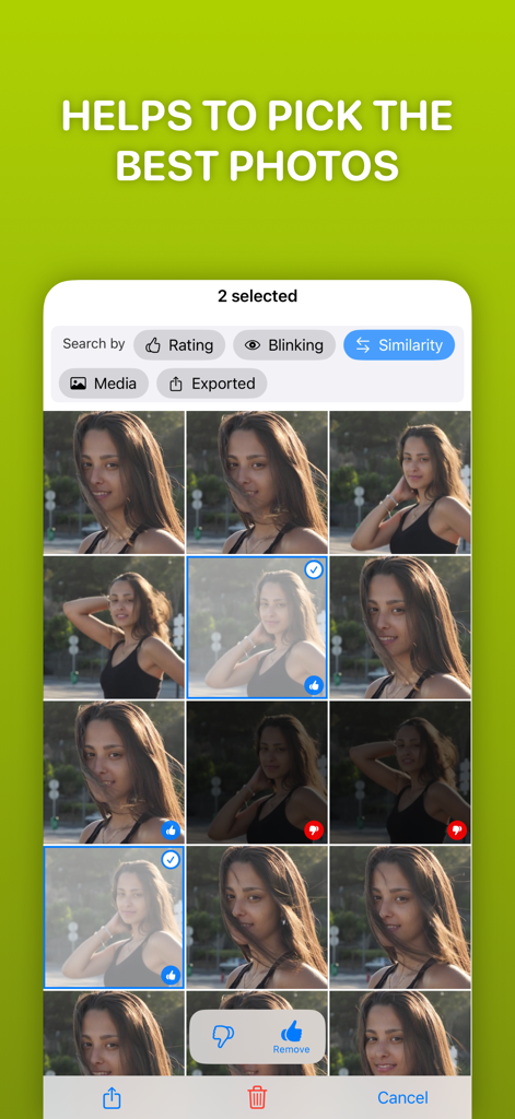 Lens Buddy App-Bildschirm zeigt ein Foto-Raster mit Bewertungs- und Ähnlichkeitsfiltern zur Auswahl der besten Aufnahmen.