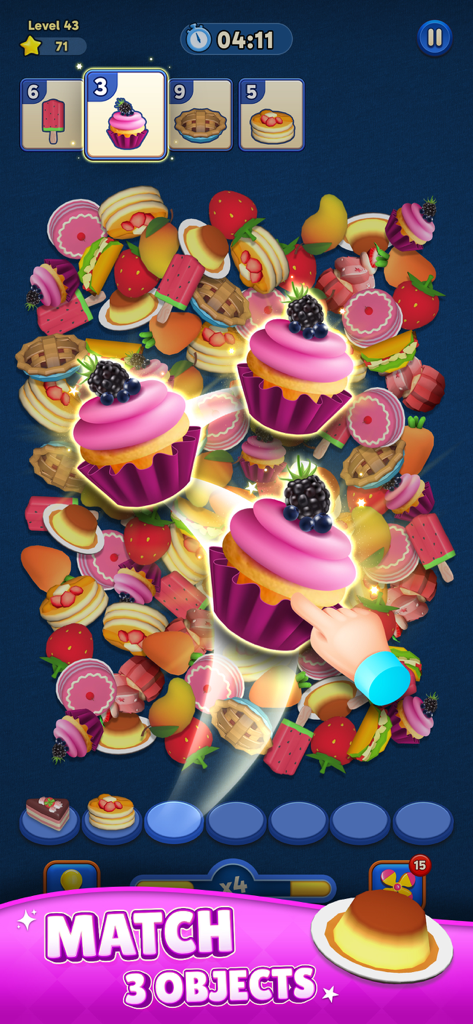 Match Tile Triple 3D - A hand matching three pink 3D cupcakes among a pile of food items in the Match Tile Triple 3D game.