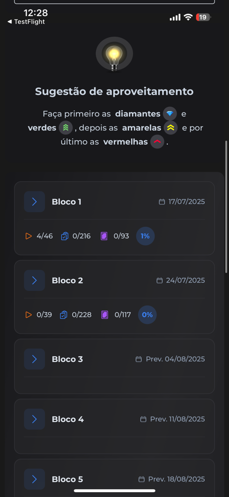 MedCof Aulas - MedCof Aulas app screen displaying prioritized study blocks with completion dates and progress tracking