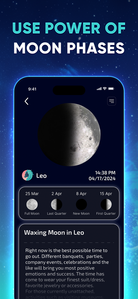Un'interfaccia mobile dall'app Carta Natale che visualizza la fase lunare attuale e approfondimenti astrologici per una luna crescente in Leone.
