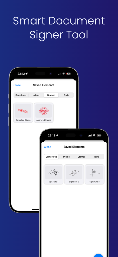 eSignアプリに保存されたデジタル署名とドキュメントスタンプを表示するインターフェース。