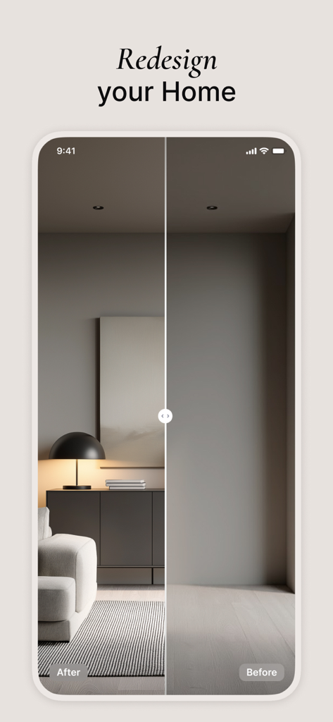 CozyAI - AI Home Design - Before and after comparison of an empty room transformed with AI virtual staging