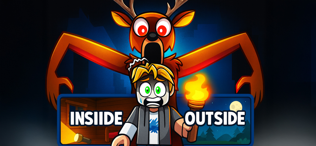 99 Nights : Forest Survival - Un personaje aterrorizado sosteniendo una antorcha con un gran monstruo de cuernos acechando detrás de él en 99 Nights Forest Survival.