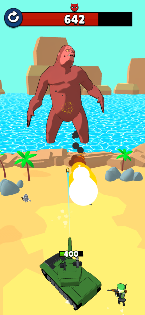 Tank combat gameplay featuring a giant gorilla boss in Army Merge Tank Master