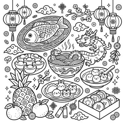 Dive into the vibrant world of Lunar New Year with this delightful coloring page featuring an array of traditional festive foods. Designed for kids, it's a wonderful way to explore cultural celebrations through creativity.