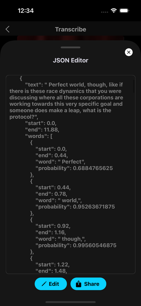 단어 수준의 시간 스탬프와 확률 점수가 있는 구조화된 전사 데이터를 보여주는 Transcribe 앱의 JSON 편집기 인터페이스.
