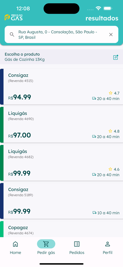 Preço do Gás - Mobile app screen showing various cooking gas dealers with prices and ratings for delivery