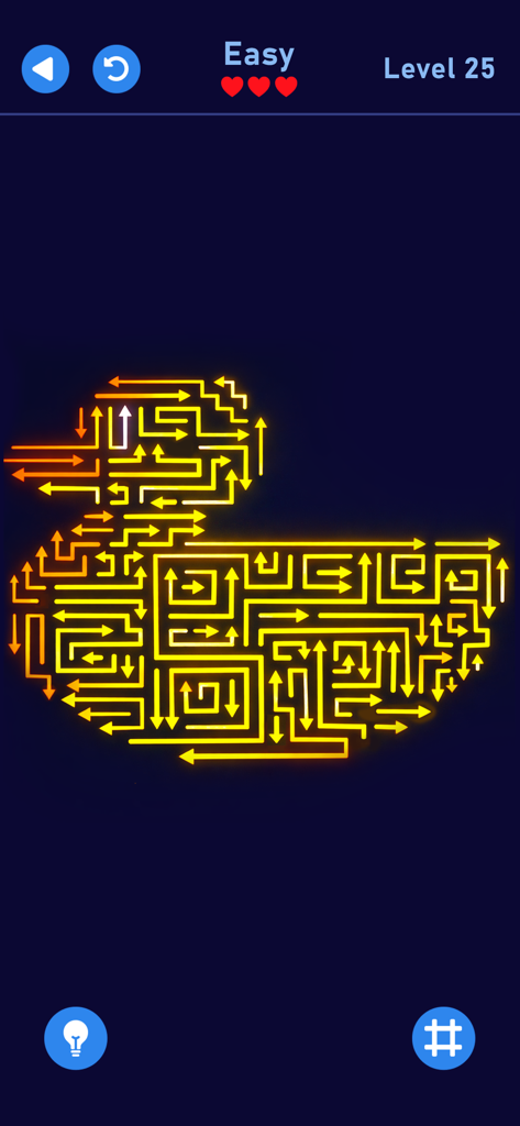 Arrow World - Puzzle Out Game - Un puzzle de flechas con forma de pato en el nivel 25 del juego móvil Arrow World.