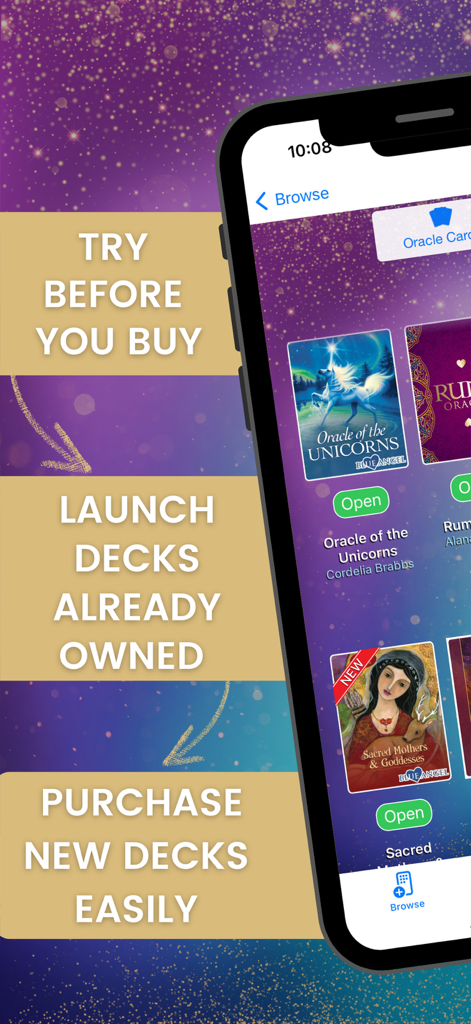 Beauty Everywhere Oracle Cards - Smartphone interface showing the browse screen of the Beauty Everywhere Oracle Cards app with various digital card decks