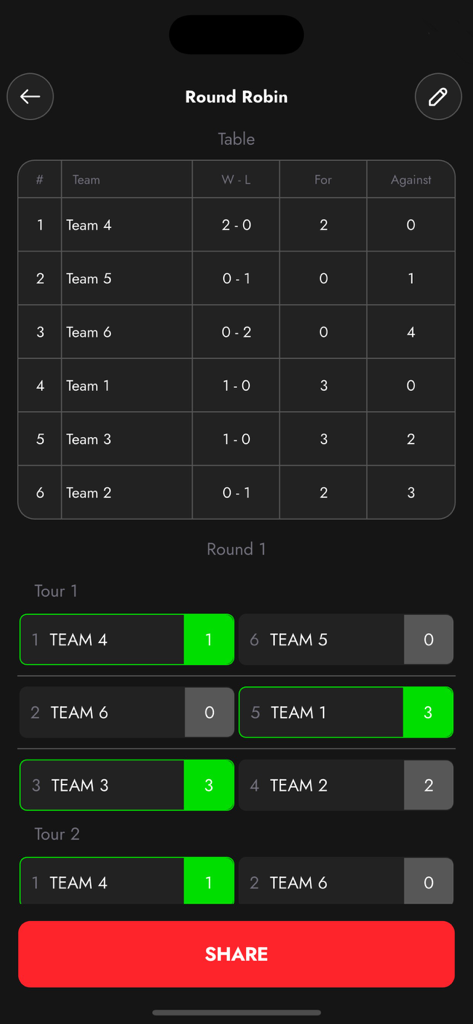 Bracket Maker: Tournament App - Tableau des classements du tournoi Round Robin et écran des résultats des matchs.