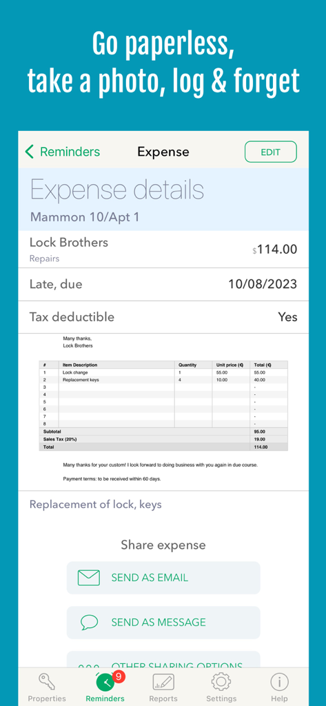Landlordy App-Bildschirm mit Ausgabendetails, einer gescannten Rechnung für Immobilienreparaturen und Freigabeoptionen.