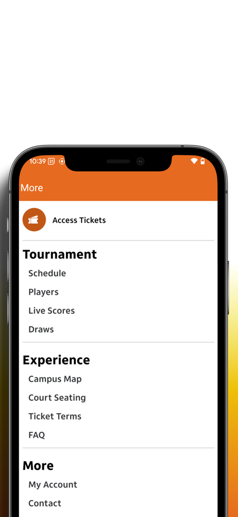 Miami Open presented by Itaú - Menu di navigazione dell'app Miami Open con sezioni per biglietti, informazioni sul torneo ed esperienza nel campus