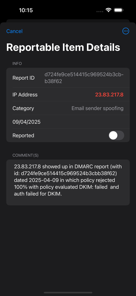 DMARC Aide - DMARC Aide screenshot displaying details of a reportable item including a spoofing IP address and authentication failure notes