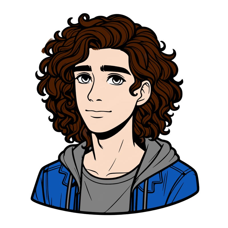 realistic teenage boy with long curly hair