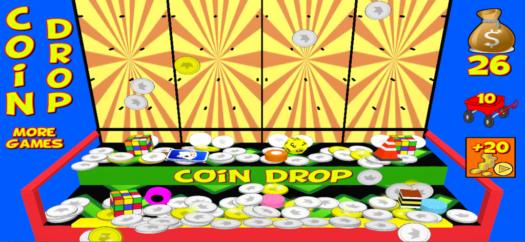 Arcade Coin Drop - A colorful digital coin pusher game with coins and various prizes like toys and dice.