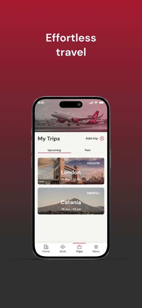 Interfaccia dell'app KM Malta Airlines che mostra la schermata I miei viaggi con voli imminenti per Londra e Catania