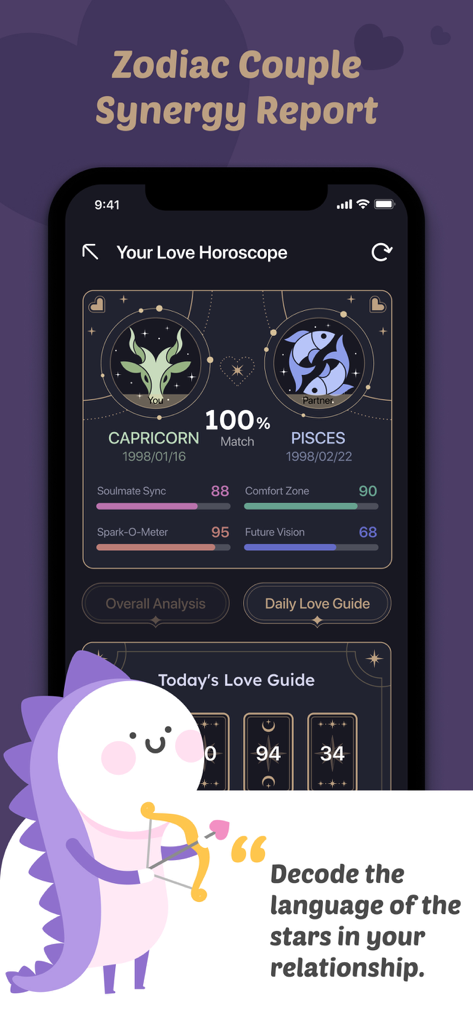 Face Seer -Time Traces - Écran de l'application Face Seer montrant une compatibilité zodiacale de 100 % entre le Capricorne et le Poissons.