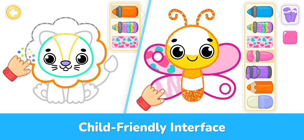 Interface conviviale montrant des activités de coloriage avec un lion et un papillon