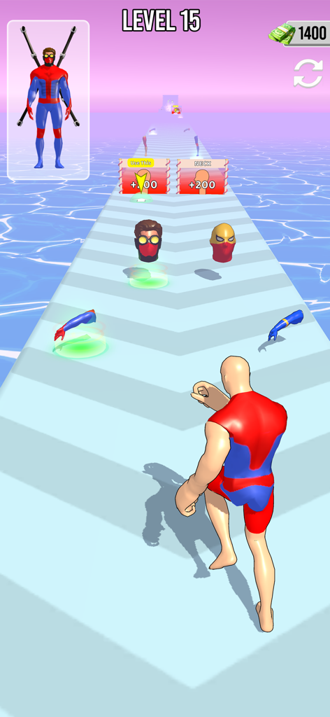 Un juego de acción runner en 3D donde un personaje recoge partes de disfraces de superhéroe en una pista para transformarse.