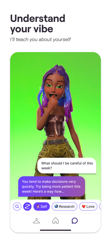 Interfaz de la aplicación Genies mostrando un avatar 3D elegante que brinda consejos personalizados de estilo de vida en formato de chat.