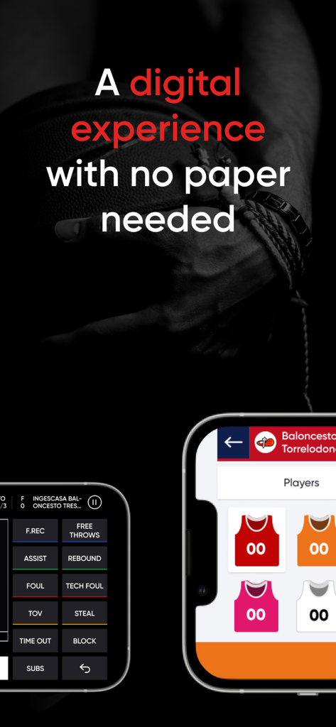 InGame by NBN23 - Interfaz de la aplicación móvil de InGame by NBN23 que muestra botones de pizarra de anotación digital de baloncesto y lista de jugadores para el seguimiento de estadísticas
