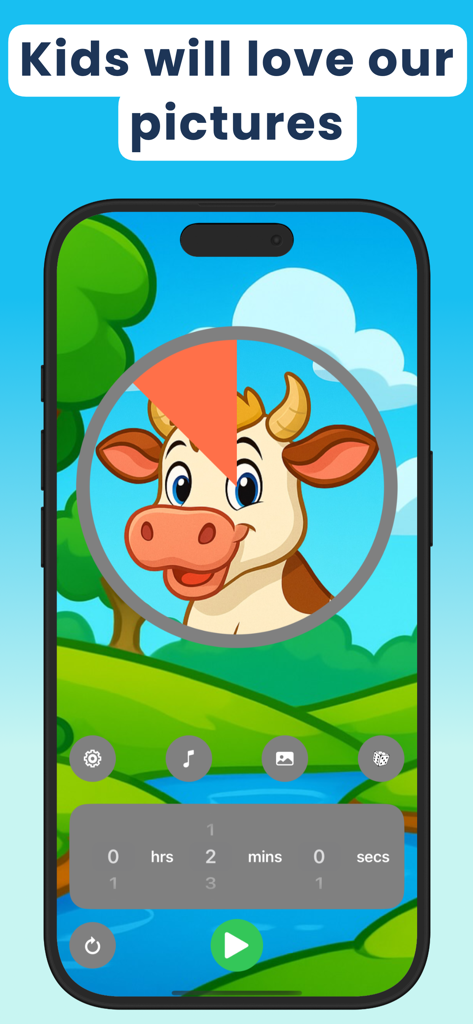Visual timer for kids interface showing a cartoon cow being revealed as the countdown progresses.