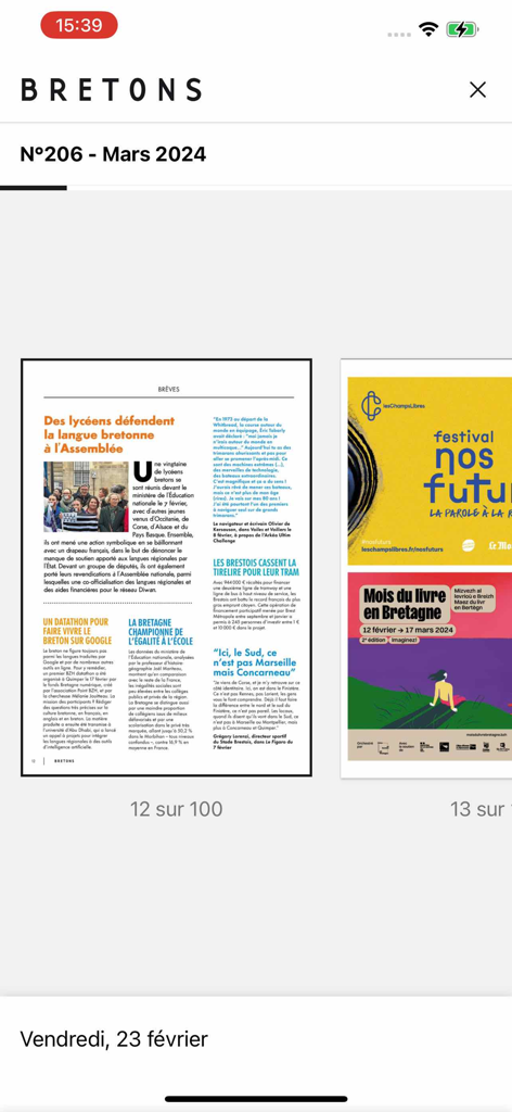 Bretons - Interface do aplicativo móvel da revista Bretons mostrando um artigo de notícias digitais sobre a língua bretã.