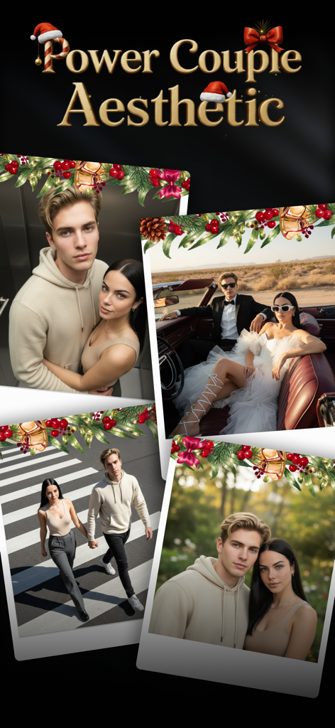 AI Photo Video Generator: AURA -  Photos générées par IA d'un couple élégant dans divers décors luxueux et décontractés avec un thème de couple puissant festif.
