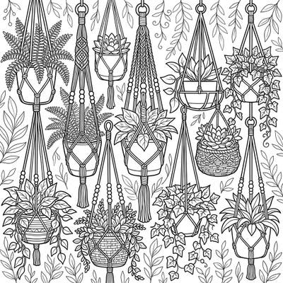 Explore a beautiful array of hanging planters, complete with diverse plants and intricate hangers, all ready for your artistic touch. This detailed botanical design offers a calming and creative coloring experience for plant enthusiasts.