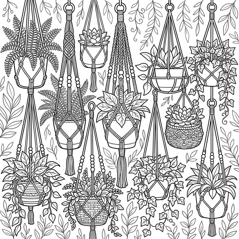Explore a beautiful array of hanging planters, complete with diverse plants and intricate hangers, all ready for your artistic touch. This detailed botanical design offers a calming and creative coloring experience for plant enthusiasts.