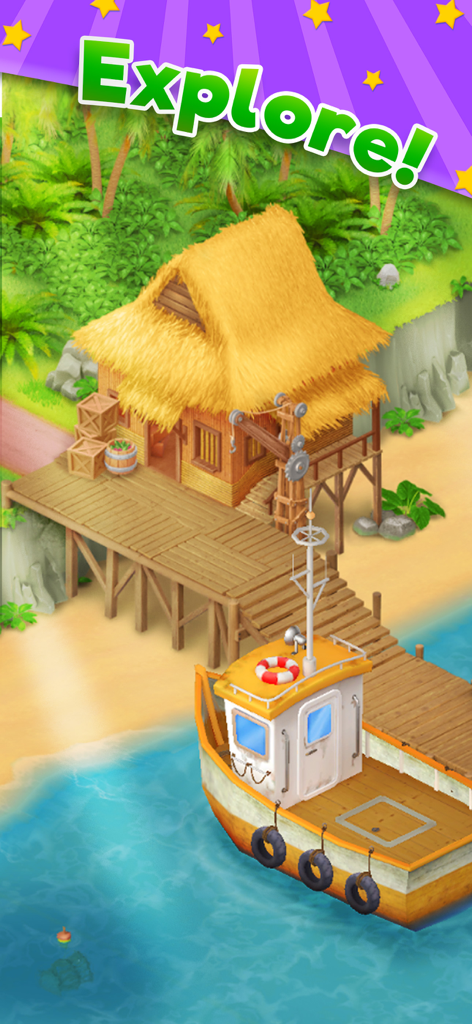 Farmhouse Story - A boat docked at a tropical island pier with a thatched-roof hut in Farmhouse Story.