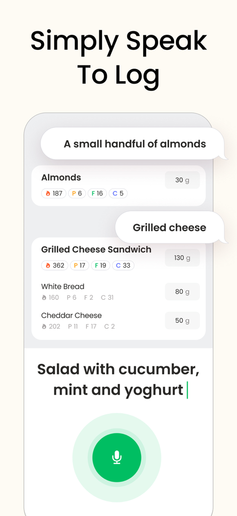 Interfaz de la aplicación contador de calorías que muestra la función de voz para registrar con datos nutricionales de varias comidas.